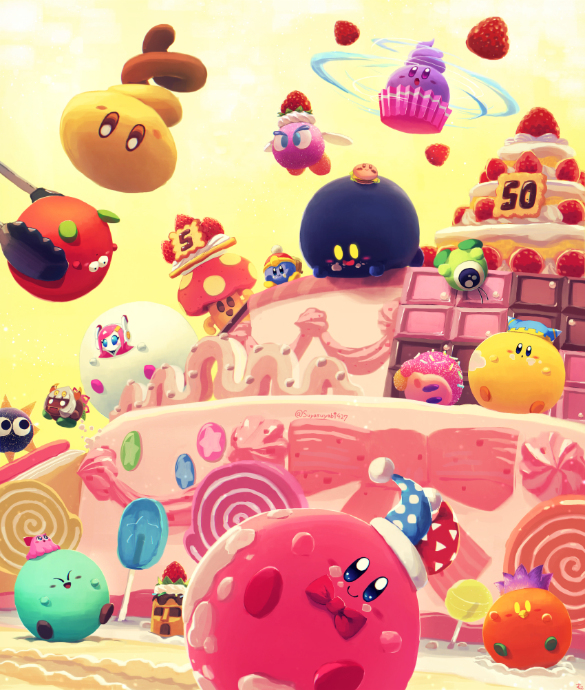 absurdres blue_skin blush_stickers bow bowtie bronto_burt cake cake_slice candy cappy_(kirby) character_mask chocolate chocolate_bar chuchu_(kirby) colored_skin copy_ability cosplay cupcake flying food food_on_face fruit gordo happy hat hi-jump_kirby highres jester_cap kabu_(kirby) king_dedede king_dedede_(cosplay) kirby kirby&#039;s_dream_buffet kirby_(series) lollipop looking_at_viewer magolor magolor_(cosplay) marx_(kirby) marx_(kirby)_(cosplay) mask nintendo no_humans o_o open_mouth orb sprinkles star_(symbol) strawberry susie_(kirby) suyasuyabi taranza taranza_(cosplay) tongs tornado_kirby twitter_username waddle_dee waddle_doo white_skin wings