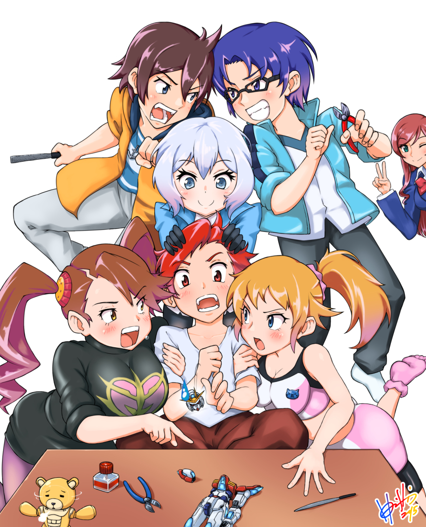 10s 3boys 4girls beargguy_iii blonde_hair blue_hair brown_hair build_burning_gundam file grin gundam gundam_build_fighters gundam_build_fighters_try highres hori_shin hoshino_fumina kamiki_mirai kamiki_sekai kijima_shia kousaka_yuuma multiple_boys multiple_girls one_eye_closed pantyhose ponytail red_hair sakai_minato sazaki_kaoruko smile sweatdrop twintails wire_cutters