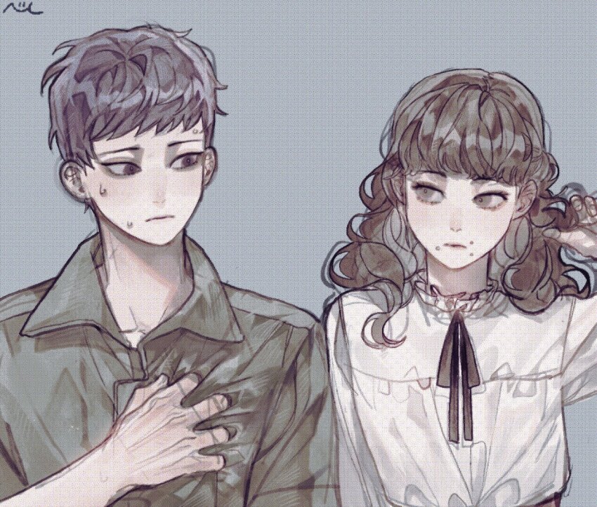 1boy 1girl black_eyes black_hair black_ribbon blue_background brown_eyes brown_hair closed_mouth commentary_request fear_&amp;_hunger_(series) fear_&amp;_hunger_2:_termina frilled_shirt_collar frills green_jumpsuit hand_in_own_hair hand_on_own_chest jumpsuit korean_commentary levi_(fear_&amp;_hunger) long_hair looking_at_another marina_(fear_&amp;_hunger) mouth_piercing neck_ribbon nul ribbon shirt short_hair sweat upper_body white_shirt