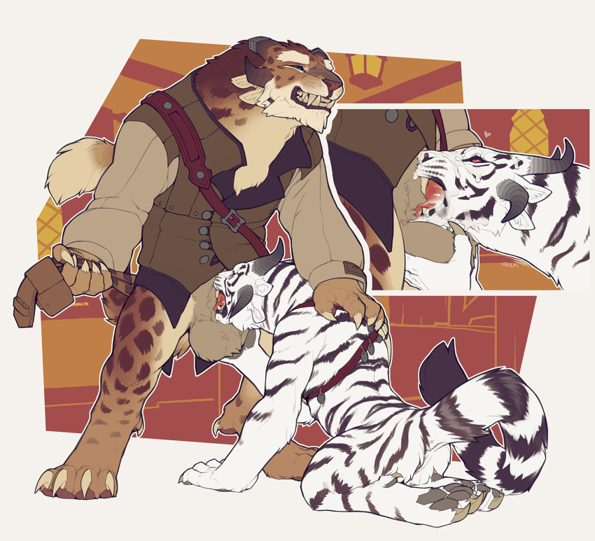 1boy 1girl black_eyes blue_sclera bottomless brown_fur charr_(guild_wars) chest_belt claws clenched_teeth colored_sclera cum cum_in_mouth cum_in_throat cum_on_body digitigrade drinking dripping erection facial fellatio fluffy furry furry_female furry_male furry_with_furry groping guild_wars_(series) heart highres horns indoors jacket kneeling long_sleeves multiple_views nude oral orgasm penis pussy red_eyes red_sclera sex sharp_teeth simple_background snowskau spotted_fur swallowing tail teeth testicles tiger_stripes tongue tongue_out white_fur window