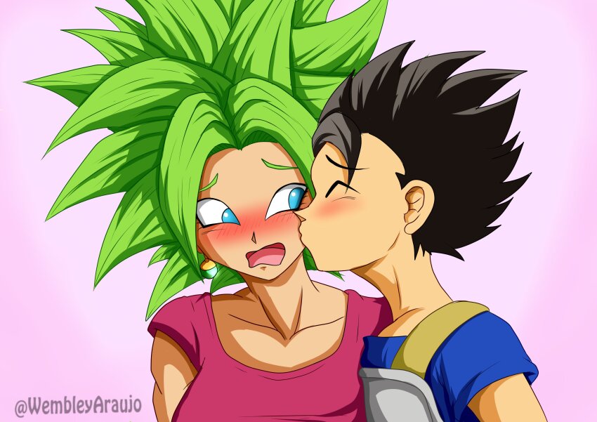 1boy 1girl absurdres artist_name black_hair blue_eyes blush breast_press cabba closed_eyes earrings embarrassed green_hair highres jewelry kefla_(dragon_ball) kiss kissing_cheek open_mouth pink_background potara_earrings spiked_hair wembley_araujo