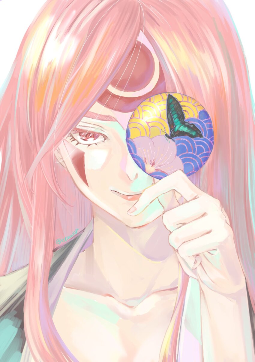 1girl baiken facial_tattoo guilty_gear guilty_gear_xx highres long_hair looking_at_viewer pink_hair portrait red_eyes samurai tattoo toutoumi