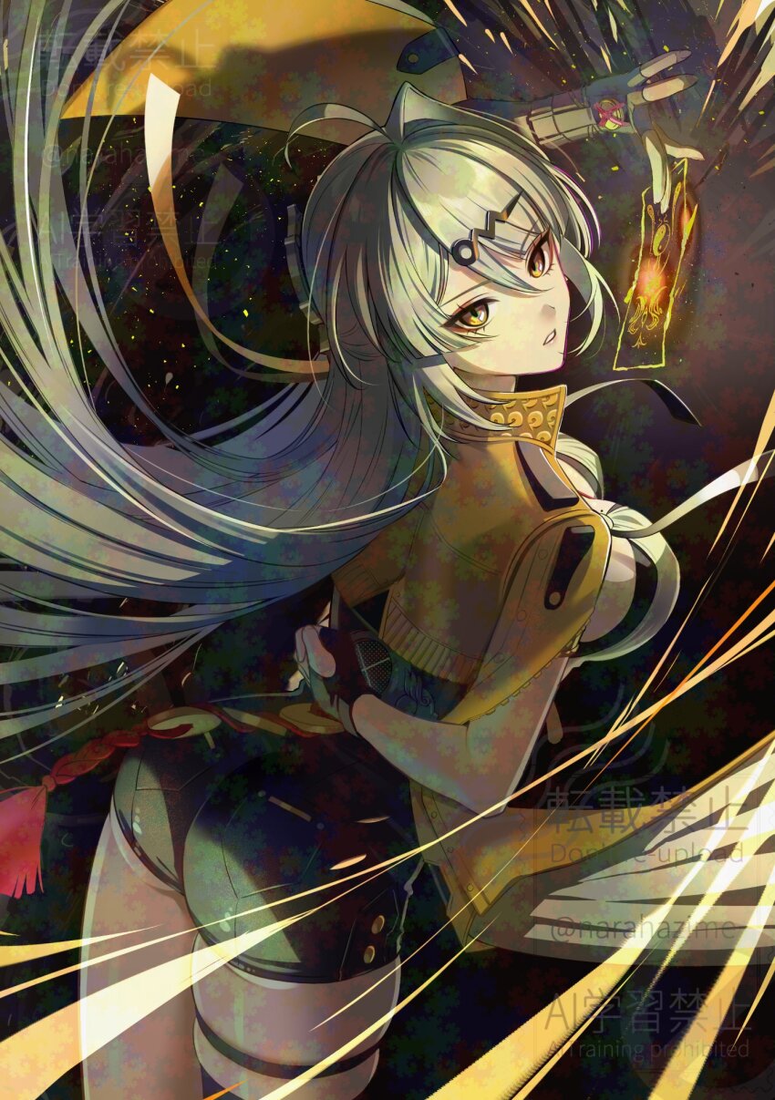 1girl ahoge arm_behind_back ass asymmetrical_gloves between_fingers black_gloves black_shorts commentary_request cowboy_shot elbow_gloves fingerless_gloves from_behind gloves hair_ornament hairclip high-waist_shorts highres holding jacket long_hair looking_to_the_side narahazime ofuda ofuda_between_fingers parted_lips shirt shorts single_hair_intake skindentation solo thick_thighs thighs watermark white_hair white_shirt yellow_eyes yellow_jacket yixuan_(zenless_zone_zero) zenless_zone_zero