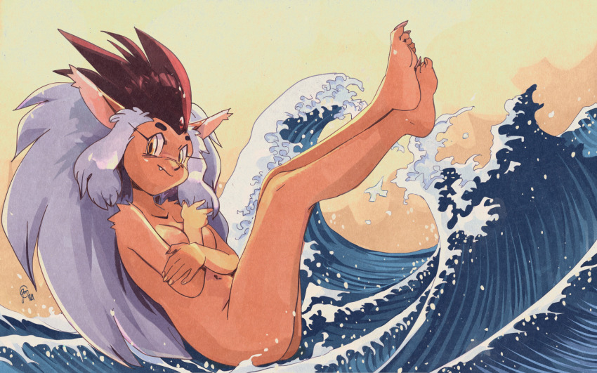 1girl aged_up animal_ears breasts brown_hair cabbit commentary completely_nude covering_breasts covering_privates edtropolis english_commentary fang fine_art_parody full_body highres humanization kanagawa_okinami_ura legs_up long_hair looking_at_viewer multicolored_hair navel nude parody rabbit_ears ryou-ouki ryou-ouki_(human) soles solo tenchi_muyou! two-tone_hair water waves white_hair