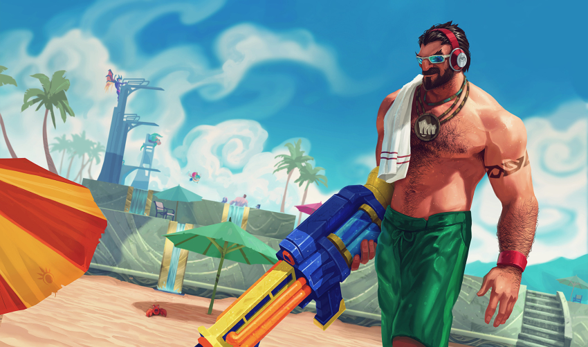 1girl 4boys aatrox arm_hair artist_request beach beach_umbrella beard black_hair blue_sky chest_hair cloud crab darius_(league_of_legends) day eyebrows facial_hair garen_(league_of_legends) graves_(league_of_legends) headphones highres jewelry jinx_(league_of_legends) katarina_(league_of_legends) league_of_legends male_focus manly medal medallion multiple_boys necklace official_art outdoors pool_party_graves pool_party_renekton pool_party_ziggs renekton shorts sky solo_focus summer sunglasses super_soaker thick_eyebrows topless_male towel towel_around_neck umbrella wrist_cuffs ziggs