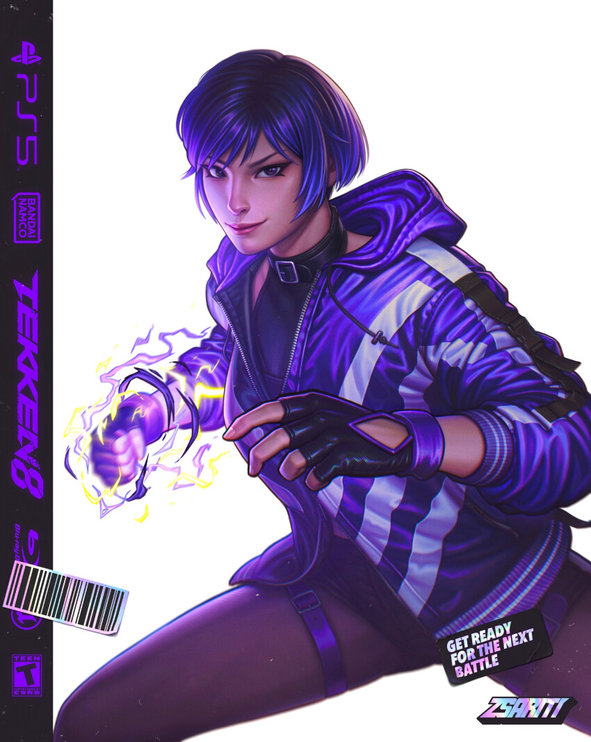 1girl absurdres artist_name bandai_namco barcode blu-ray_logo character_name clenched_hand commentary copyright_name english_commentary fingerless_gloves gloves highres hood hooded_jacket jacket logo playstation_logo purple_jacket reina_(tekken) short_hair solo tekken tekken_8 thigh_strap zsariti