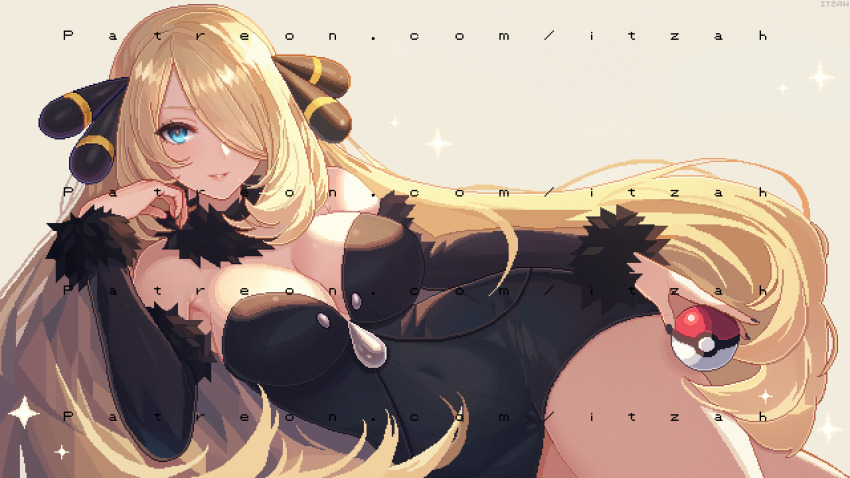 1girl absurdres alternate_eye_color bare_shoulders black_dress black_sleeves blonde_hair blue_eyes breasts cleavage commentary cynthia_(pokemon) detached_sleeves dress english_commentary hair_over_one_eye highres holding holding_poke_ball itzah large_breasts long_hair nail_polish nintendo paid_reward_available patreon_username pixel_art poke_ball pokemon pokemon_dppt simple_background solo sparkle strapless watermark web_address