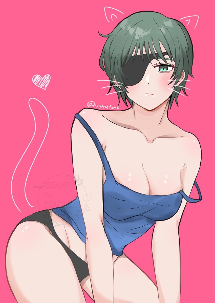 1girl animal_ears black_panties blue_shirt breasts cat_ears cat_tail chainsaw_man cleavage closed_mouth eyepatch fake_animal_ears fake_tail fake_whiskers green_eyes green_hair heart highres himeno_(chainsaw_man) looking_at_viewer medium_breasts panties pink_background shirt short_hair simple_background solo tail underwear us4misan