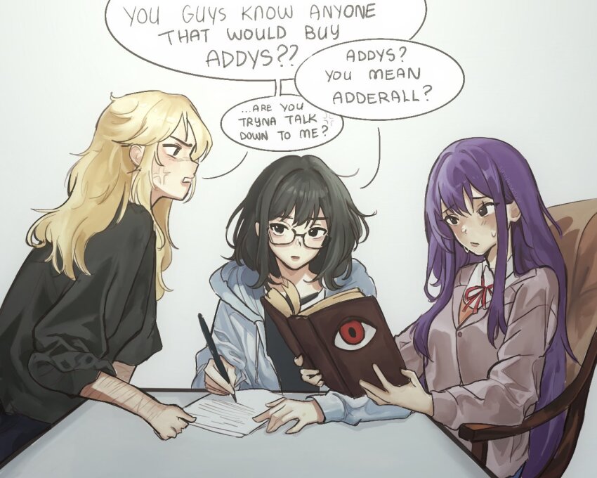 anger_vein black_hair black_shirt blonde_hair book brown_jacket class_of_09 crossover doki_doki_literature_club emily_(class_of_09) english_text grey_jacket holding holding_book holding_pen hood hooded_jacket jacket karen_(class_of_09) krissywaffles open_book open_clothes open_jacket orange_shirt pen purple_hair red_ribbon ribbon school_uniform self-harm_scar semi-rimless_eyewear shirt speech_bubble yuri_(doki_doki_literature_club)