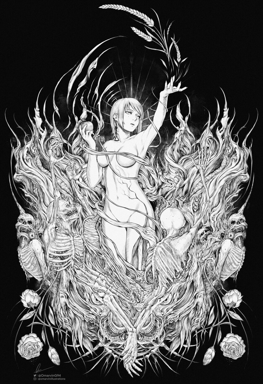 1girl absurdres apple arm_up black_background breasts breasts_apart chainsaw_man commentary completely_nude covered_erect_nipples covered_pussy ear_piercing earrings expressionless fami_(chainsaw_man) flower food fruit greyscale hand_up highres holding holding_food holding_fruit instagram_username jewelry marvin_(omarvin) medium_breasts mole mole_under_eye mole_under_mouth monochrome multiple_moles nude parted_lips piercing rose signature skeleton solo standing tassel tassel_earrings twitter_username wheat