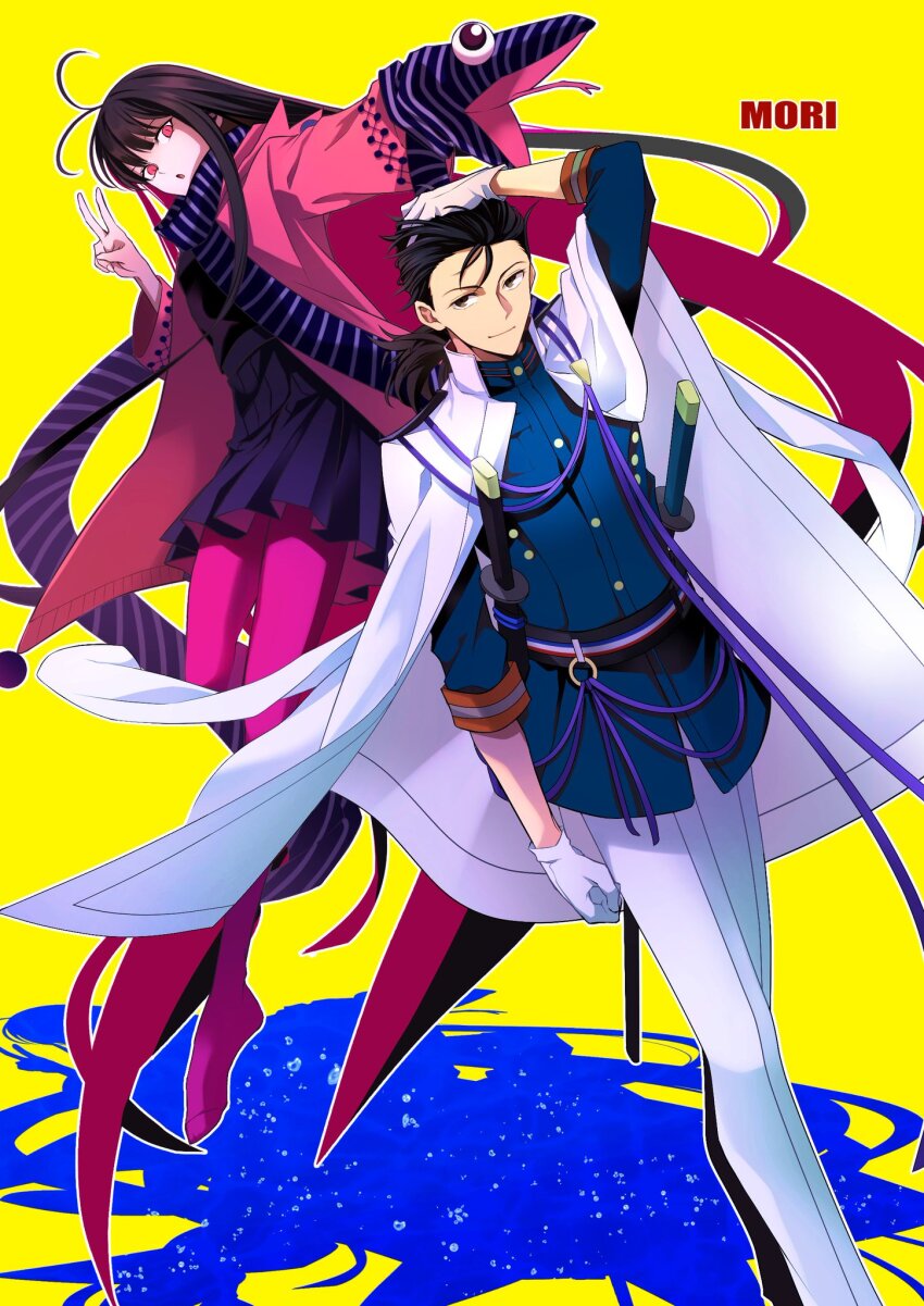 1boy 1girl black_hair fate/grand_order fate_(series) gloves hair_slicked_back hand_puppet highres jacket japanese_clothes katana long_hair looking_at_viewer low_ponytail morita_yuu oryou_(fate) oryou_(lancer)_(fate) pantyhose pink_pantyhose ponytail puppet red_eyes sakamoto_ryouma_(fate) sakamoto_ryouma_(lancer)_(fate) scarf shirt smile striped_clothes striped_scarf sword unworn_jacket v weapon white_jacket white_shirt yellow_eyes