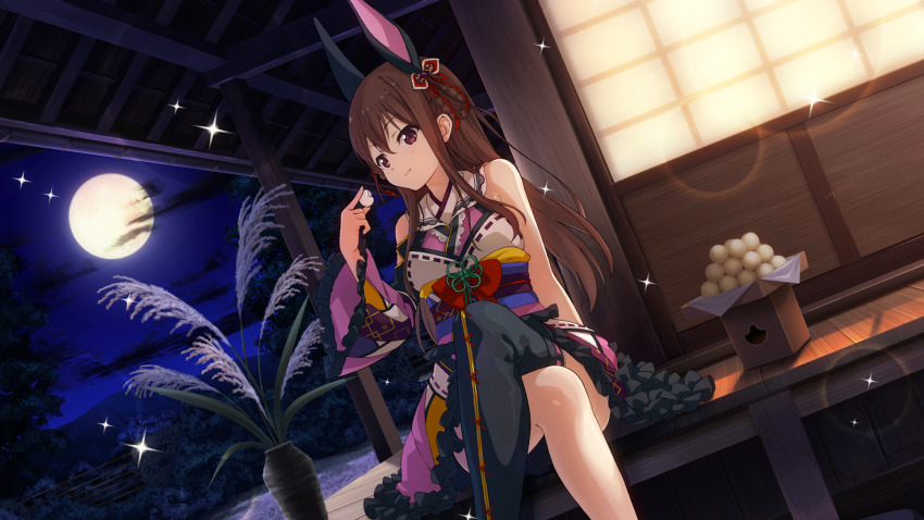 1girl 22/7 22/7_ongaku_no_jikan animal_ears asymmetrical_legwear asymmetrical_sleeves braid braided_hair_rings brown_eyes brown_hair closed_mouth crossed_legs dango dress dutch_angle eating fake_animal_ears figure_four_sitting food frilled_dress frills full_moon game_cg hair_between_eyes hair_ribbon hair_rings highres lens_flare long_hair looking_at_viewer moon multicolored_dress non-web_source official_art outdoors rabbit_ears ribbon sanbou sidelocks sitting solo sparkle susuki_grass tachikawa_ayaka tsukimi tsukimi_dango twin_braids uneven_legwear uneven_sleeves wagashi