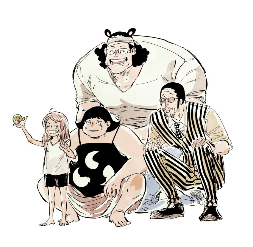 1girl 3boys 6cheetah ^_^ animal_ears bandaged_head bandages bartholomew_kuma bear_ears borsalino_(kizaru) child closed_eyes commentary_request den_den_mushi father_and_daughter glasses highres jewelry_bonney korean_commentary medium_hair monochrome multiple_boys one_piece sentoumaru short_hair simple_background squatting striped_clothes sunglasses taking_picture v vertical-striped_clothes vest waistcoat