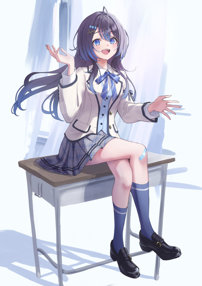 1girl :d absurdres black_hair black_shoes black_socks blazer blue_bow blue_bowtie blue_eyes blue_ribbon blue_vest bow bowtie buttons collared_shirt commentary_request crossed_legs desk diagonal-striped_bow diagonal-striped_bowtie diagonal-striped_clothes diagonal-striped_ribbon grey_skirt hair_between_eyes hair_ornament hairpin hanayori_yoruha hand_up highres indie_virtual_youtuber jacket kneehighs loafers long_hair long_sleeves neck_ribbon open_mouth plaid_clothes plaid_skirt pleated_skirt png_pant_(bus) pocket ribbon school_desk school_uniform shirt shoes skirt smile socks solo striped_bow striped_bowtie striped_clothes teeth thighs tongue upper_teeth_only vest virtual_youtuber white_jacket white_shirt x_hair_ornament