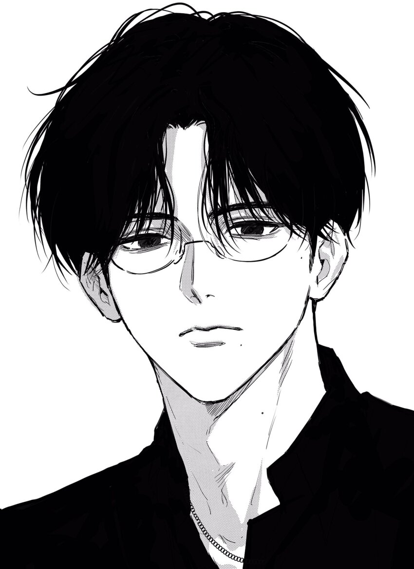 1boy bags_under_eyes black_hair copyright_request glasses greyscale highres lips male_focus mole mole_under_mouth monochrome solo sso_s white_background