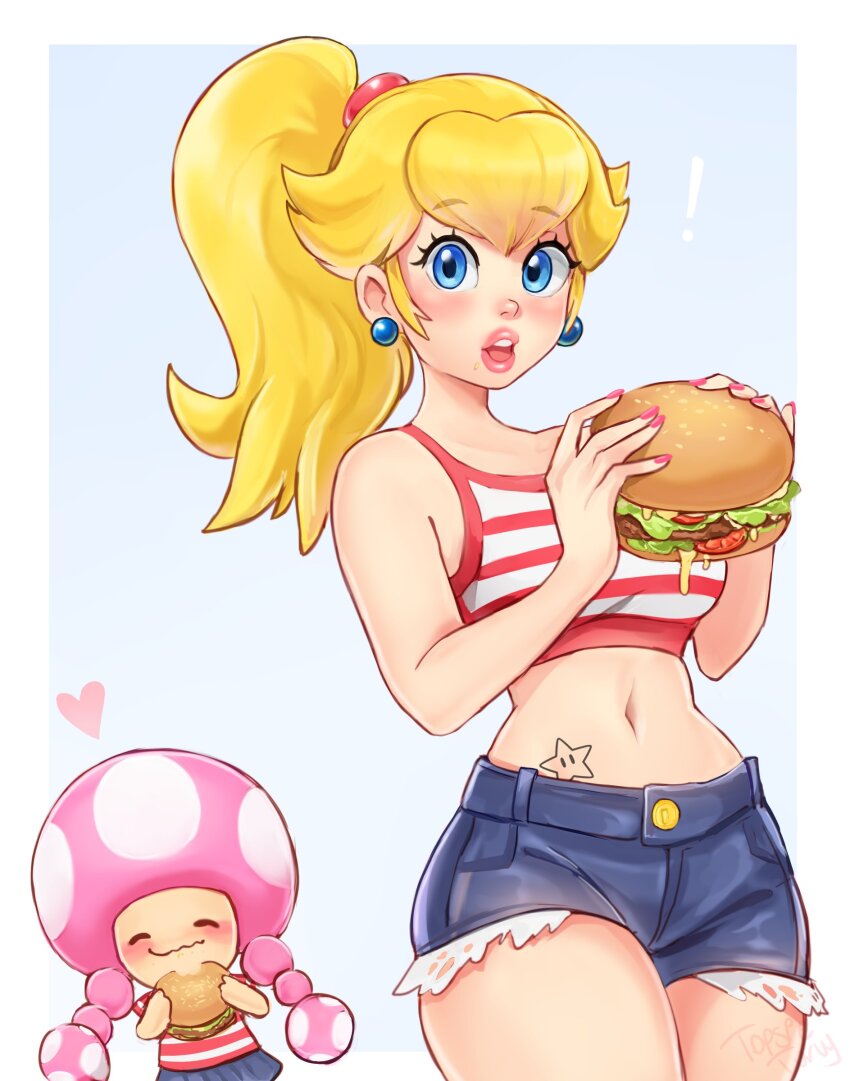 2girls absurdres artist_name blonde_hair blue_eyes braid breasts burger cleavage denim denim_shorts eating happy highres large_breasts legs long_hair looking_at_viewer mario_(series) midriff multiple_girls navel nintendo open_mouth pink_hair pink_lips ponytail princess_peach shirt short_shorts shorts skirt smile stomach_tattoo striped_clothes striped_shirt super_star_(mario) tank_top tattoo teeth thick_thighs thighs toadette topsieturvy twin_braids