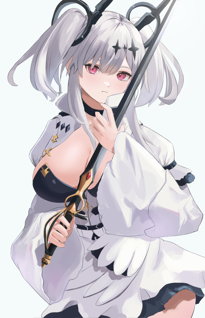 1girl absurdres azur_lane black_choker breasts choker cleavage commentary_request grey_hair hair_ornament highres holding holding_sword holding_weapon joffre_(azur_lane) large_breasts long_sleeves red_eyes remapack77 sword twintails weapon