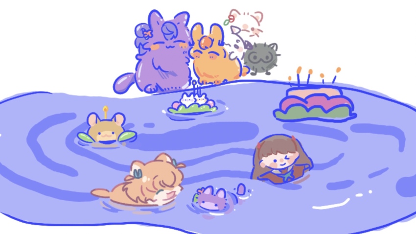 &gt;_o :3 ^_^ animalization cat character_doll closed_eyes commentary_request doll flower fujishima_megumi hair_ornament hamster highres hinoshita_kaho kachimachi_kosuzu link!_like!_love_live! lotus love_live! momose_ginko no_humans one_eye_closed otomune_kozue pipi_(m1x_mix) pond rabbit rabbit_hair_ornament simple_background thai_commentary white_background