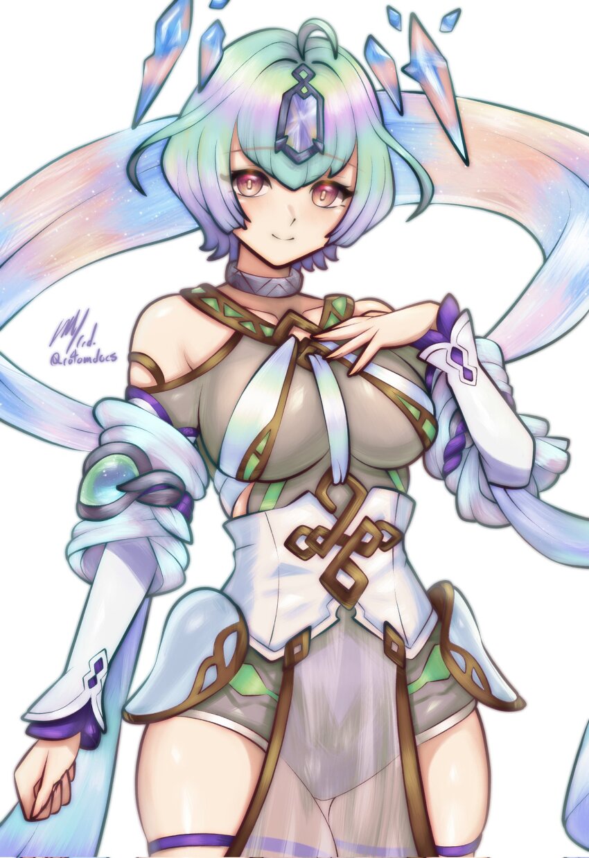 1girl arm_up bare_shoulders bob_cut breasts choker fire_emblem fire_emblem_heroes highres large_breasts looking_at_viewer multicolored_hair nintendo red_eyes rotomdocs seidr_(fire_emblem) short_hair simple_background smile solo thick_thighs thighs