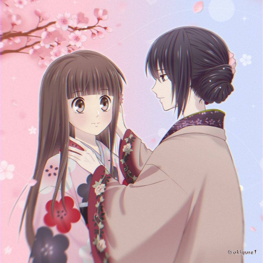 2girls akigure1 brown_eyes brown_hair cherry_blossoms fruits_basket hair_bun hand_on_another&#039;s_face hand_on_another&#039;s_shoulder haori highres honda_tohru japanese_clothes kimono light_blush long_hair multiple_girls pearl_hair_ornament purple_eyes purple_hair smile sohma_akito twitter_username wide-eyed