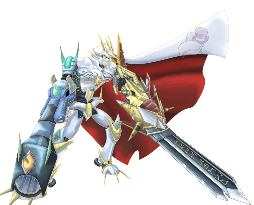 cannon cape digimon digimon_(creature) fusion highres omegamon oridigi solo sword victorygreymon weapon z&#039;dgarurumon