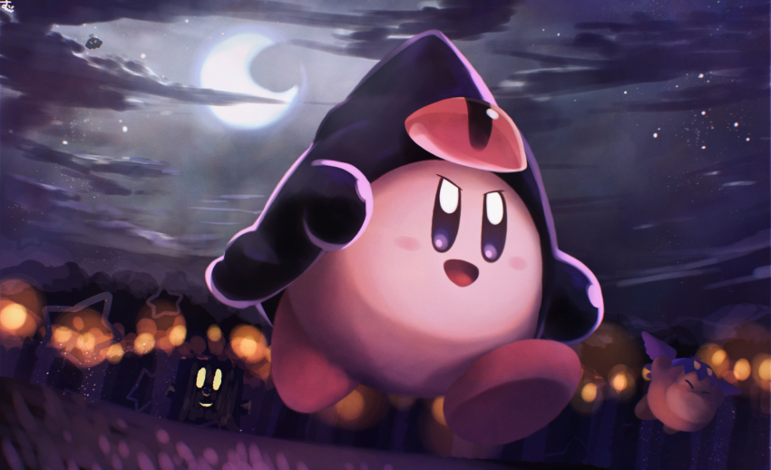 ^_^ blue_eyes blush_stickers brown_footwear closed_eyes cloud cloudy_sky colored_skin commentary_request copy_ability cosplay crescent_moon dark_nebula dark_nebula_(cosplay) doomer_(kirby) flying halloween halloween_costume happy highres kirby kirby_(series) looking_ahead moon night night_sky nintendo no_humans no_mouth open_mouth orange_skin pink_skin red_footwear shoes sky smile sphere_doomer sphere_doomer_(cosplay) star_(sky) star_(symbol) starry_sky suyasuyabi tree v-shaped_eyebrows waddle_dee whispy_woods