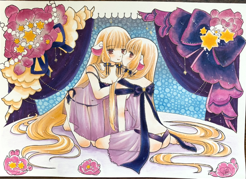 2girls android animal_ears ass black_bow black_bra black_panties black_ribbon blonde_hair blush bow bra breasts brown_eyes butt_crack chii chobits cleavage commentary flower freya_(chobits) highres lingerie long_hair looking_at_another looking_back multiple_girls panties persocom_(chobits) pink_flower ribbon robot_ears siblings sisters sitting small_breasts spoilers tottokototoko24 traditional_media underwear very_long_hair