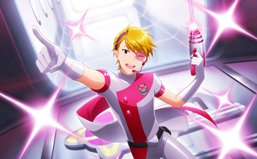 1boy blonde_hair gloves highres idol idolmaster idolmaster_side-m idolmaster_side-m_live_on_stage! index_finger_raised looking_at_viewer maita_rui male_focus official_art one_eye_closed pointing s.e.m_(idolmaster) smile solo stage teeth upper_teeth_only