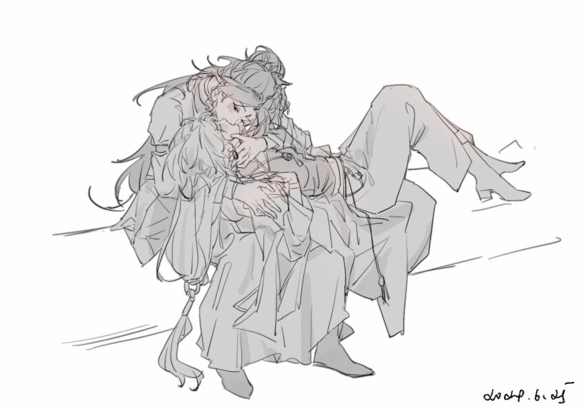 2girls closed_eyes du_ruo_(path_to_nowhere) earrings greyscale hand_on_another&#039;s_face hand_on_another&#039;s_shoulder high_heels highres jewelry kiss long_hair lying_on_lap monochrome multiple_girls path_to_nowhere robe shalom_(path_to_nowhere) sitting skirt spot_color tooong4 yuri