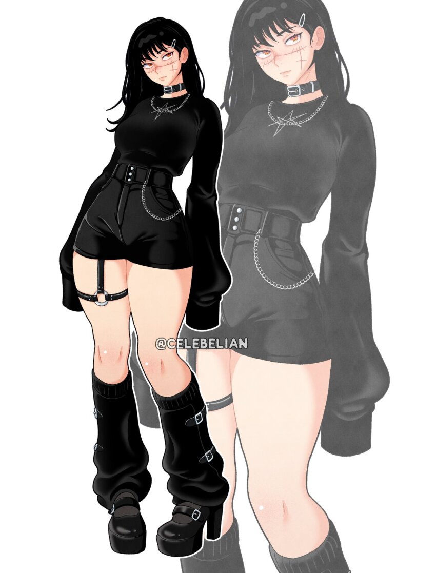 1girl black_hair breasts celebelian chainsaw_man choker cross_scar facial_scar goth_fashion highres large_breasts long_hair long_sleeves looking_at_viewer red_eyes ringed_eyes scar scar_on_cheek scar_on_face shirt simple_background solo yoru_(chainsaw_man)