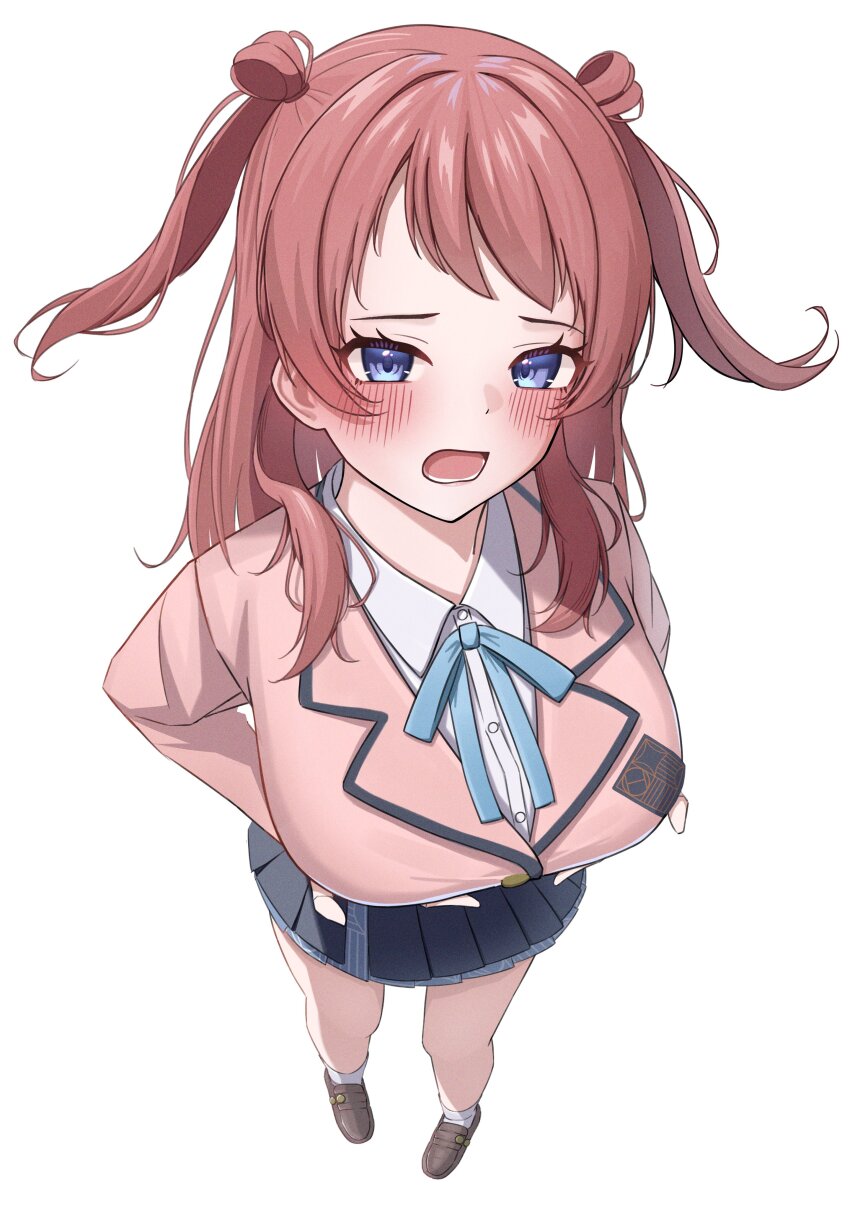 1girl :o absurdres bare_legs black_overskirt blazer blue_eyes blue_ribbon blush breast_lift breasts brown_hair brown_jacket brown_shoes commentary_request full_body gakuen_idolmaster hanami_saki hatsuboshi_gakuen_school_uniform highres idolmaster jacket large_breasts loafers long_hair long_sleeves looking_at_viewer nanami_haru neck_ribbon pleated_skirt ribbon school_uniform shirt shoes simple_background skirt solo two_side_up white_background white_shirt
