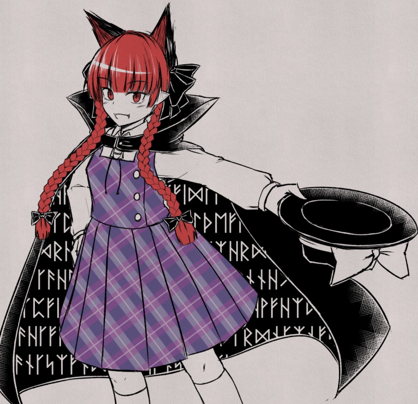 1girl :d animal_ears braid cape cat_ears cat_tail cosplay dress extra_ears fangs female_focus ganmaganmo hat kaenbyou_rin long_hair looking_at_viewer mixed_media open_mouth plaid_clothes plaid_dress pointy_ears red_eyes red_hair simple_background slit_pupils smile socks solo spot_color tail touhou twin_braids unmoving_pattern unworn_hat unworn_headwear usami_sumireko usami_sumireko_(cosplay) white_background