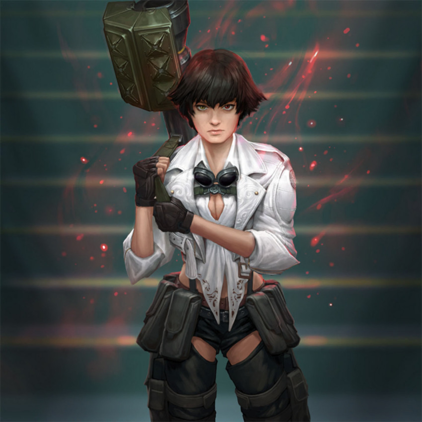 1girl black_gloves black_hair black_shorts breasts capcom cleavage devil_may_cry_(series) devil_may_cry_5 fingerless_gloves gloves goggles goggles_around_neck green_eyes heterochromia highres holding holding_rocket_launcher holding_weapon ilia_bodaikin kalina_ann_(weapon) lady_(devil_may_cry) looking_at_viewer official_art red_eyes rocket_launcher shirt shorts teppen third-party_source weapon white_shirt
