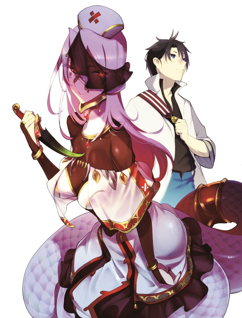 1boy 1girl absurdres albino black_hair black_shirt blue_eyes bracelet breasts bridal_gauntlets closed_mouth coat commentary_request cover cover_page dagger glenn_litbeit hair_between_eyes hat highres holding holding_dagger holding_knife holding_weapon jewelry knife lamia large_breasts long_hair looking_to_the_side monster_girl monster_musume_no_oisha-san novel_cover novel_illustration nurse_cap official_art parted_lips purple_hair red_eyes saphentite_neikes scales shirt short_hair shorts simple_background smile tail textless_version veil weapon white_background white_coat z-ton