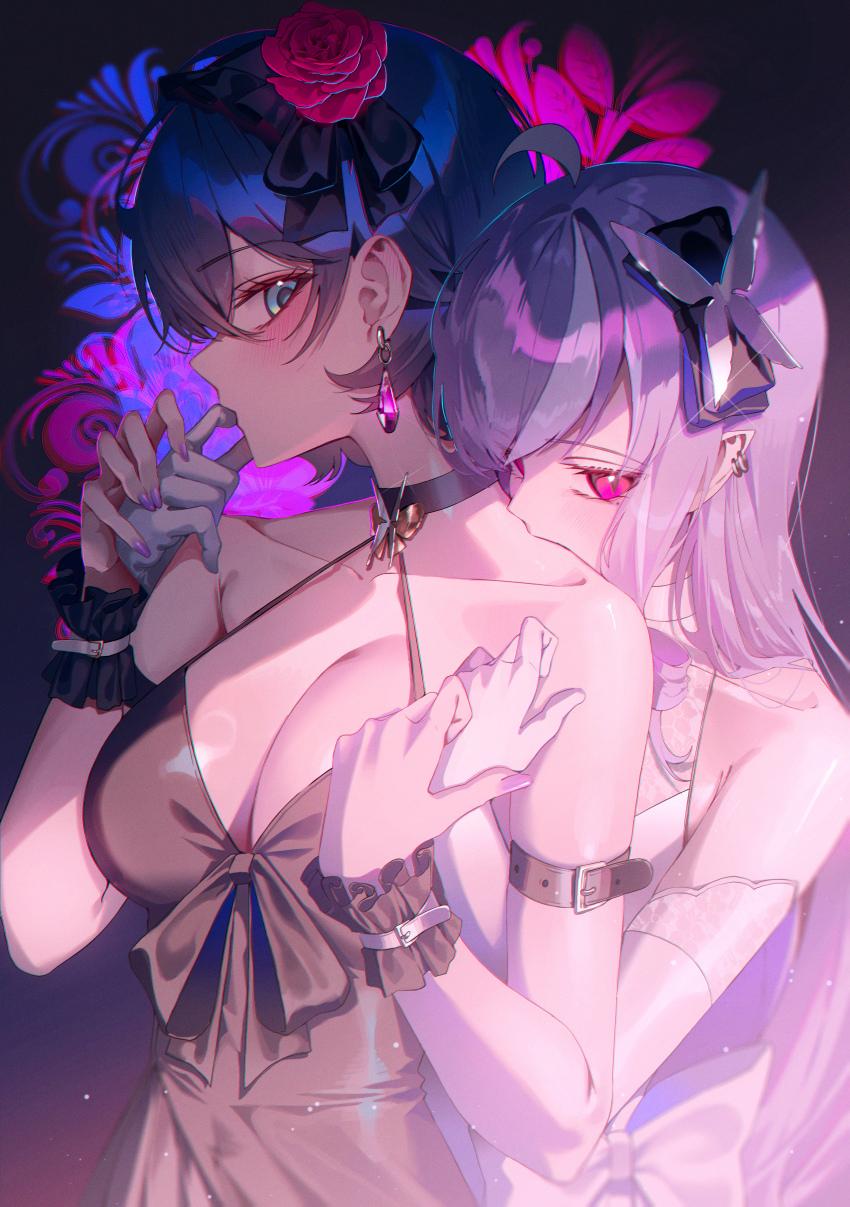 2girls absurdres alternate_costume arm_belt belle_(zenless_zone_zero) black_choker black_dress black_hairband breasts choker collarbone domi_(hongsung0819) dress earrings elbow_gloves finger_to_another&#039;s_mouth floral_background flower gloves green_eyes hair_flower hair_ornament hairband halterneck highres jewelry large_breasts light_particles long_hair looking_at_viewer multiple_girls pointy_ears purple_hair red_eyes sidelighting vivian_banshee white_dress white_gloves wrist_cuffs yuri zenless_zone_zero