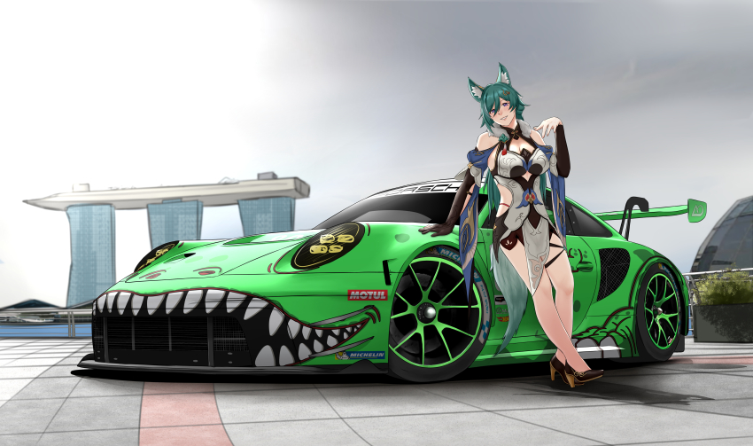1girl absurdres amoemo animal_ear_fluff animal_ears ao_racing black_footwear breasts car cleavage cleavage_cutout clothing_cutout dress gloves green_eyes green_hair hair_between_eyes head_tilt highres honkai:_star_rail honkai_(series) hot_wheels imsa_sportscar_championship looking_at_viewer marina_bay_sands medium_breasts michelin michelin_man motor_vehicle motul_(company) partially_fingerless_gloves porsche porsche_911 porsche_992 race_vehicle racecar rexy_(ao_racing) shoulder_cutout singapore single_glove smile solo spoiler_(automobile) sponsor tail vehicle_focus white_dress yukong_(honkai:_star_rail)