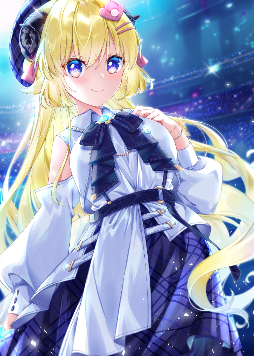 1girl absurdres animal_ears ascot bare_shoulders beret blonde_hair blue_ascot blue_bow blue_bowtie blue_hat blue_journey_(hololive) blue_skirt bow bowtie bracelet breasts closed_mouth clothing_cutout collared_shirt commentary_request cowboy_shot curled_horns diffraction_spikes gold_bracelet hair_ornament hairclip hand_on_own_chest hat highres hololive horns jewelry kan_(kan0108) large_breasts long_hair long_skirt long_sleeves looking_at_viewer nervous_smile official_alternate_costume partial_commentary plaid_clothes plaid_hat plaid_skirt puffy_long_sleeves puffy_sleeves purple_eyes sheep_ears sheep_girl sheep_horns shirt shoulder_cutout skirt smile solo sparkle stage tsunomaki_watame very_long_hair virtual_youtuber white_shirt