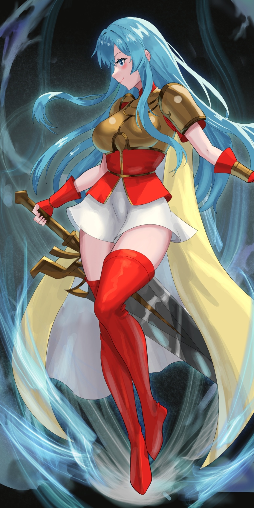 1girl absurdres armor aura blue_eyes blue_hair blush boots breasts cape eirika_(fire_emblem) fire_emblem fire_emblem:_the_sacred_stones full_body gold_armor highres holding holding_sword holding_weapon medium_breasts nintendo profile red_boots red_shirt shirt shoulder_armor skirt solo sword tarutaru193 thigh_boots thighhighs thighs weapon white_skirt zettai_ryouiki
