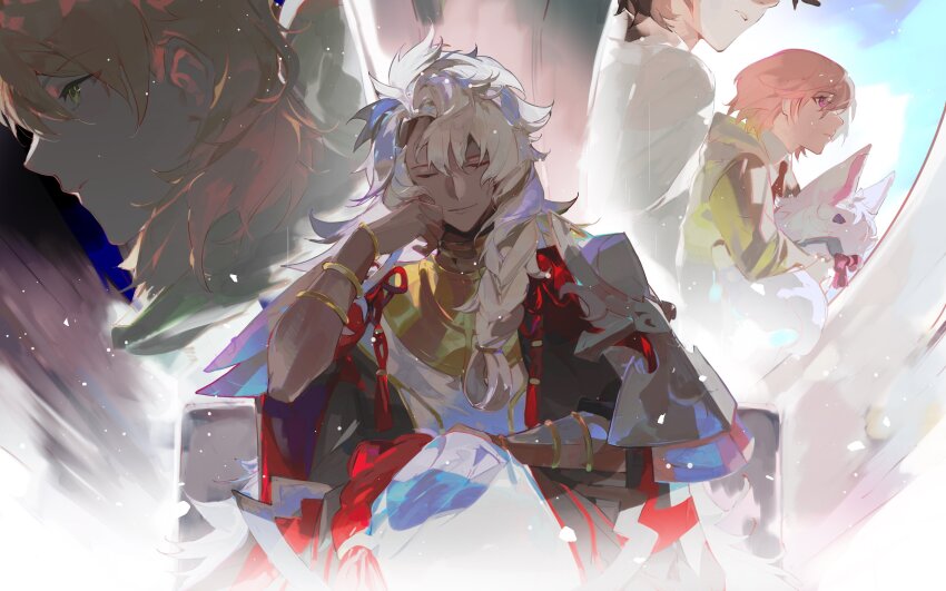 1girl 3boys absurdres animal bangle black_hair bracelet braid closed_eyes closed_mouth crossed_legs expressionless eyes_out_of_frame fate/grand_order fate_(series) fou_(fate) fui_(fui29493452) fujimaru_ritsuka_(male) green_eyes head_out_of_frame highres holding holding_animal hood hoodie jewelry long_hair looking_to_the_side mash_kyrielight medium_hair multiple_boys neck_ring orange_hair parted_lips pink_hair romani_archaman short_hair side_braid side_ponytail sitting smile solomon_(fate) tassel white_hair white_hoodie