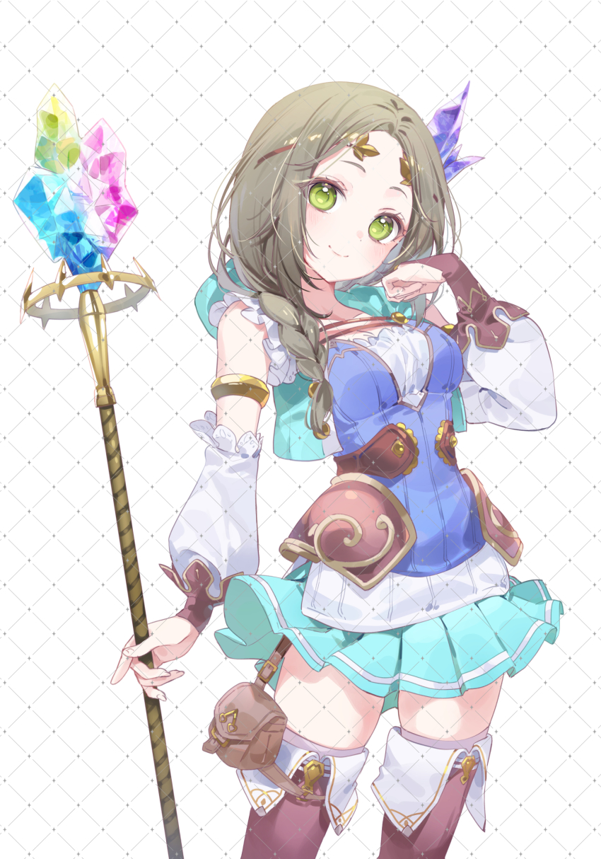 1girl a20_(atsumaru) atelier_(series) atelier_firis blue_shirt blue_skirt braid brown_hair closed_mouth commentary_request cowboy_shot crystal_hair_ornament detached_sleeves firis_mistlud green_eyes hand_up highres holding holding_staff long_hair looking_at_viewer pleated_skirt pouch shirt skirt smile solo staff standing watermark watermark_grid white_background