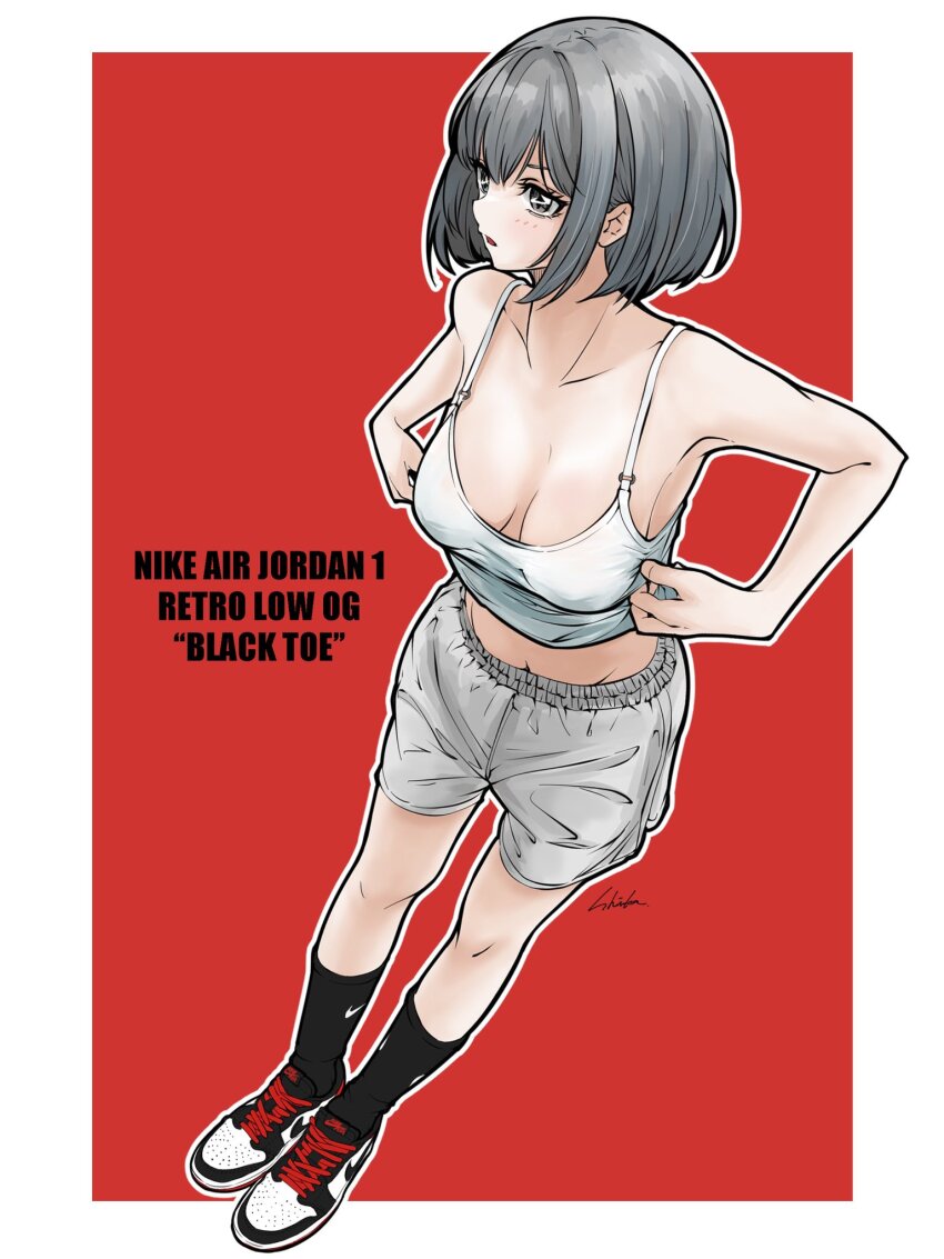 1girl bambi_surprise breasts highres large_breasts nike_(company) shoes short_hair sneakers tagme