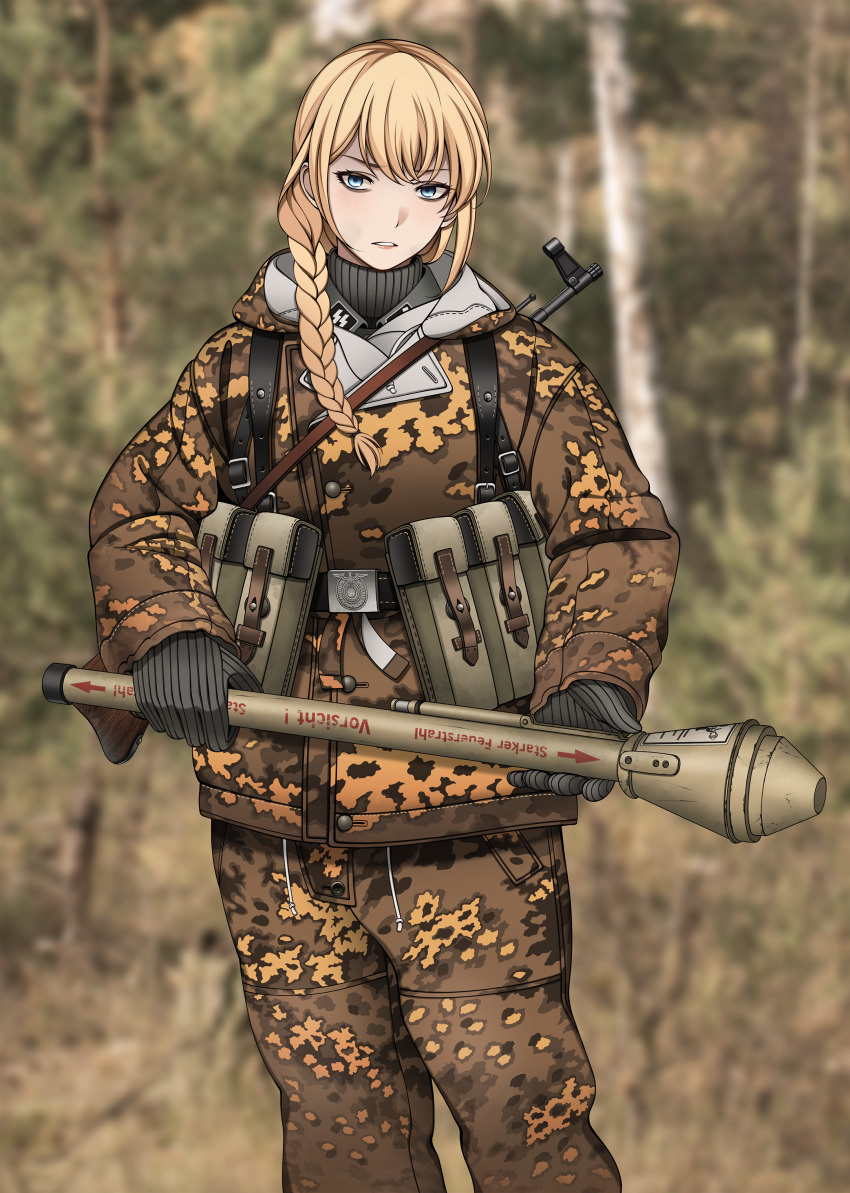1girl absurdres anti-tank_grenade assault_rifle black_gloves blonde_hair blue_eyes blurry blurry_background braid camouflage camouflage_jacket camouflage_pants explosive gloves grenade gun gun_sling hair_over_shoulder high-explosive_anti-tank_(warhead) highres holding holding_weapon hood hood_down hooded_jacket jacket keiita long_hair long_sleeves man-portable_anti-tank_systems military military_uniform original pants panzerfaust recoilless_gun rifle shaped_charge single_braid solo standing stg44 waffen-ss weapon weapon_on_back world_war_ii