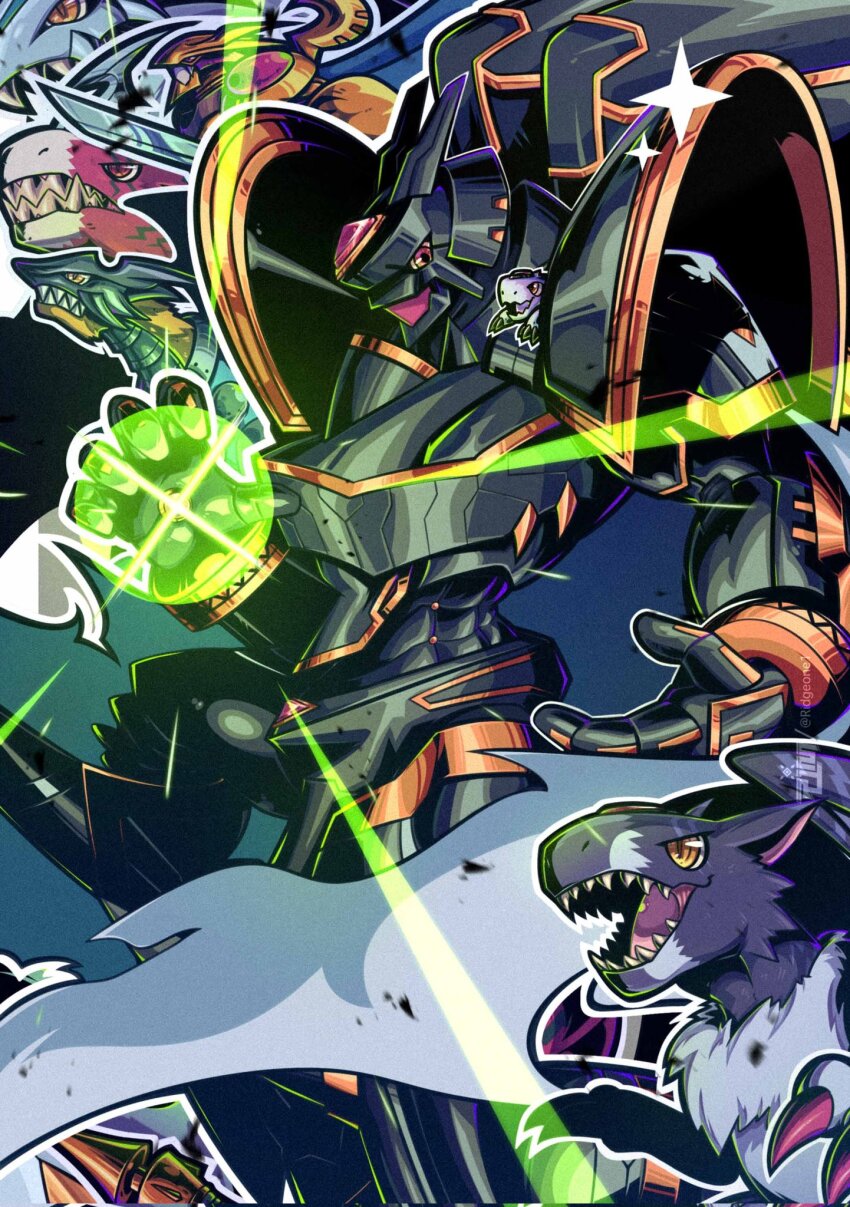 alphamon armor aura black_armor body_fur corrupted_twitter_file cowboy_shot digimon digimon_(creature) dorugamon dorugoramon doruguremon dorumon dragon evolutionary_line forehead_jewel grademon highres knight on_shoulder purple_fur raptordramon red_eyes ridgeone sharp_teeth solo_focus teeth