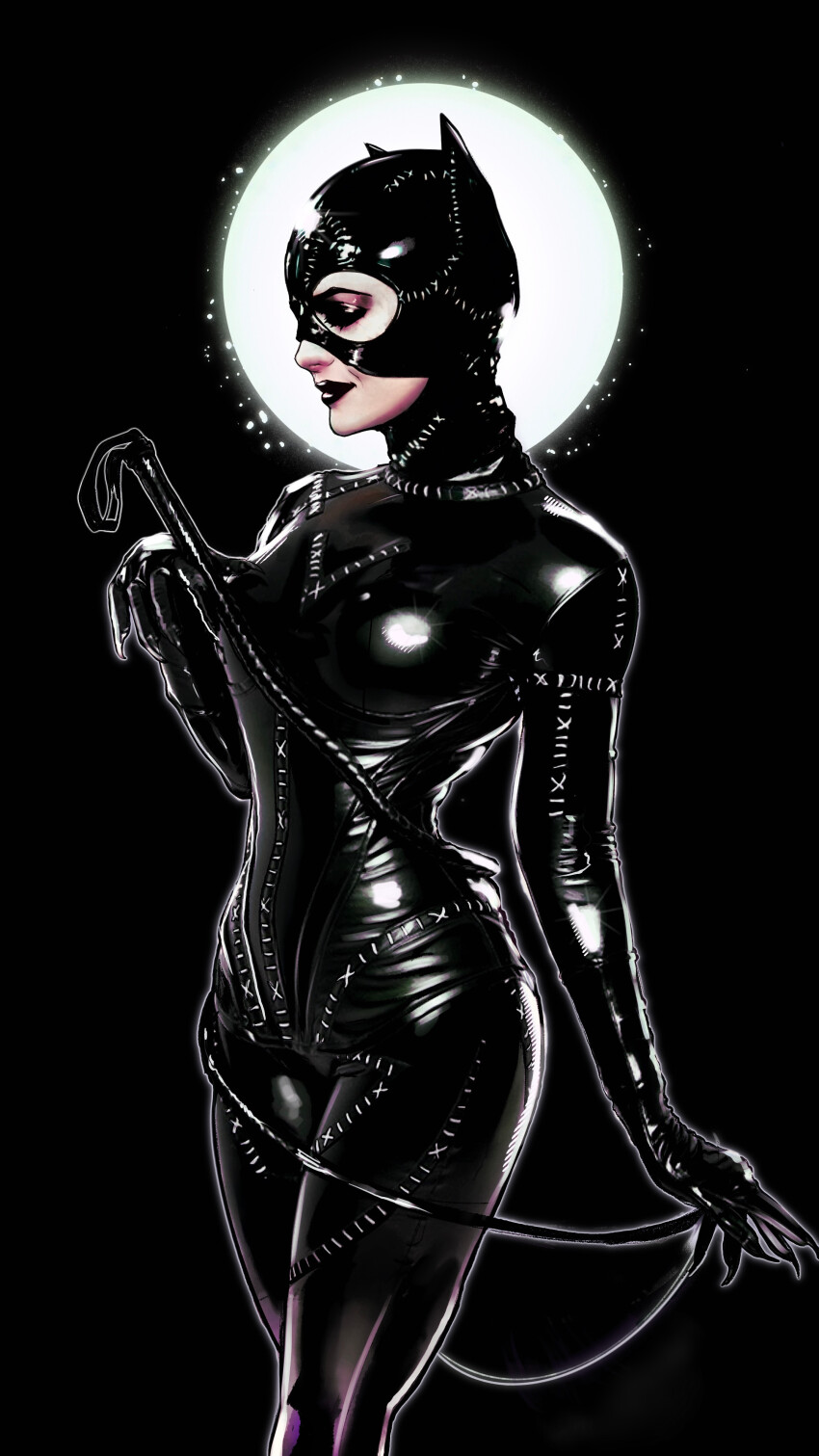 1girl absurdres animal_ears batman_(series) batman_returns black_bodysuit black_corset black_eyeshadow black_gloves black_mask blue_eyes bodysuit breasts cat_ears catwoman catwoman_costume_(batman_returns) claws corset dc_comics eyeshadow gloves highres holding holding_whip jacobady large_breasts latex latex_bodysuit lipstick makeup mask pale_skin red_lips selina_kyle solo stitches upper_body whip