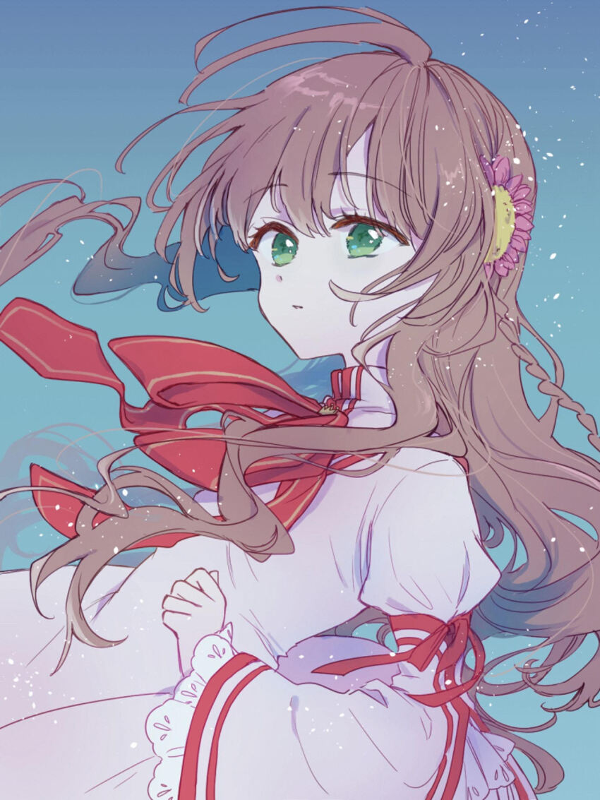 1girl ahoge blue_background brown_hair chogi clenched_hand commentary crown dress floating_hair flower frilled_sleeves frills from_side green_eyes hair_between_eyes hair_flower hair_ornament highres juliet_sleeves kanbe_kotori kazamatsuri_institute_high_school_uniform long_hair long_sleeves looking_ahead mini_crown neck_ribbon parted_lips pink_flower puffy_sleeves red_ribbon rewrite ribbon school_uniform simple_background solo tsurime very_long_hair wavy_hair white_dress wide_sleeves
