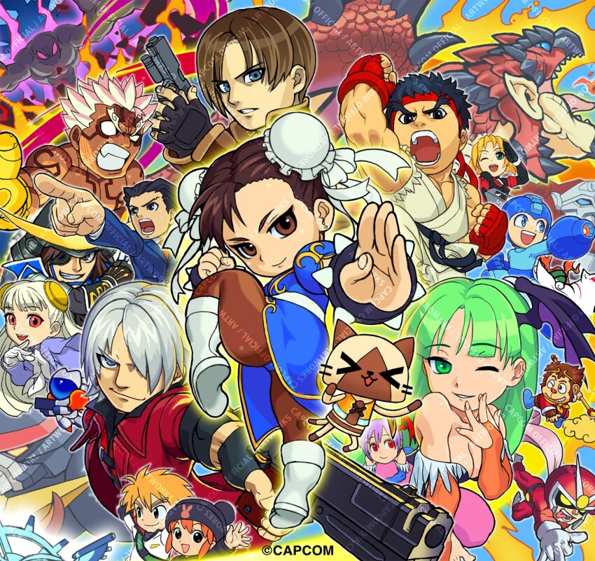 &gt;_&lt; 6+boys 6+girls ace_attorney amaterasu_(ookami) annotation_request asura&#039;s_wrath asura_(asura&#039;s_wrath) bare_shoulders bat_wings black_eyes black_hair blank_eyes blue_eyes bracelet brown_eyes brown_hair capcom character_request chibi chibi_only chun-li clenched_teeth copyright_request crossover dante_(devil_may_cry) darkstalkers date_masamune_(sengoku_basara) demon_girl devil_may_cry_(series) double_bun dragon felyne gotcha_force green_eyes green_hair grin gun hair_bun head_wings highres holding holding_gun holding_weapon ingrid_(capcom) jewelry kurokawa_usagi leg_up leon_s._kennedy lilith_(darkstalkers) long_hair looking_at_viewer mega_man_(character) mega_man_(classic) mega_man_(series) monkey monster_hunter_(series) morrigan_aensland multiple_boys multiple_girls official_art one_eye_closed ookami_(game) open_mouth partially_annotated phoenix_wright pointing purple_hair rathalos red_eyes resident_evil ryu_(street_fighter) second-party_source sengoku_basara shishido_kou short_hair shouting smile smirk sonson_(game) sonson_(sonson) spiked_bracelet spiked_hair spikes street_fighter tamio teeth viewtiful_joe viewtiful_joe_(character) watermark weapon white_hair wings wyvern