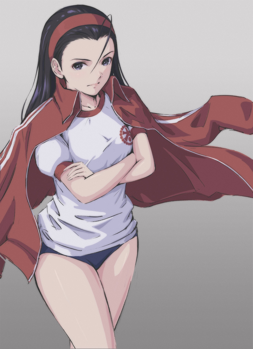 1girl absurdres ahoge black_hair blue_buruma breasts buruma closed_mouth commentary crossed_arms grey_background grey_eyes gym_uniform hairband highres iinchou_(justice_gakuen) jacket jacket_on_shoulders justice_gakuen lips long_hair looking_at_viewer red_hairband shiny_skin short_sleeves small_breasts thighs track_jacket tyanoki