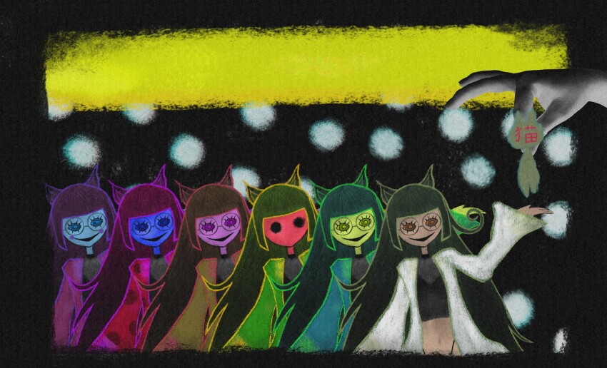 absurdres acti_matatabi animal_ears black-framed_eyewear black_choker black_panties blunt_bangs breasts cat_ears cat_girl choker color_variation dark-skinned_female dark_skin disembodied_hand empty_eyes fishnet_top fishnets glasses green_hair hand_up highleg highleg_panties highres horror_(theme) lab_coat long_hair looking_at_viewer mad_scientist midriff multiple_girls navel nekomata no_mouth open_mouth panties ricorie_productions small_breasts smile sooome_dude string_panties underwear virtual_youtuber