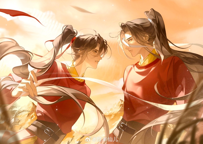 2boys aa820733 absurdres ahoge alternate_costume belt black_hair blurry blurry_foreground brown_hair chinese_clothes closed_mouth cloud floating_hair from_side grass grey_eyes hair_ribbon hanfu high_ponytail highres holding holding_ribbon lan_wangji long_hair long_sleeves looking_at_another male_focus modao_zushi multiple_boys orange_sky outdoors parted_lips ponytail profile red_hanfu red_ribbon ribbon robe sidelocks sky smile untied_ribbon upper_body very_long_hair watermark wei_wuxian weibo_watermark white_ribbon wide_sleeves yaoi yellow_eyes yuanlingpao
