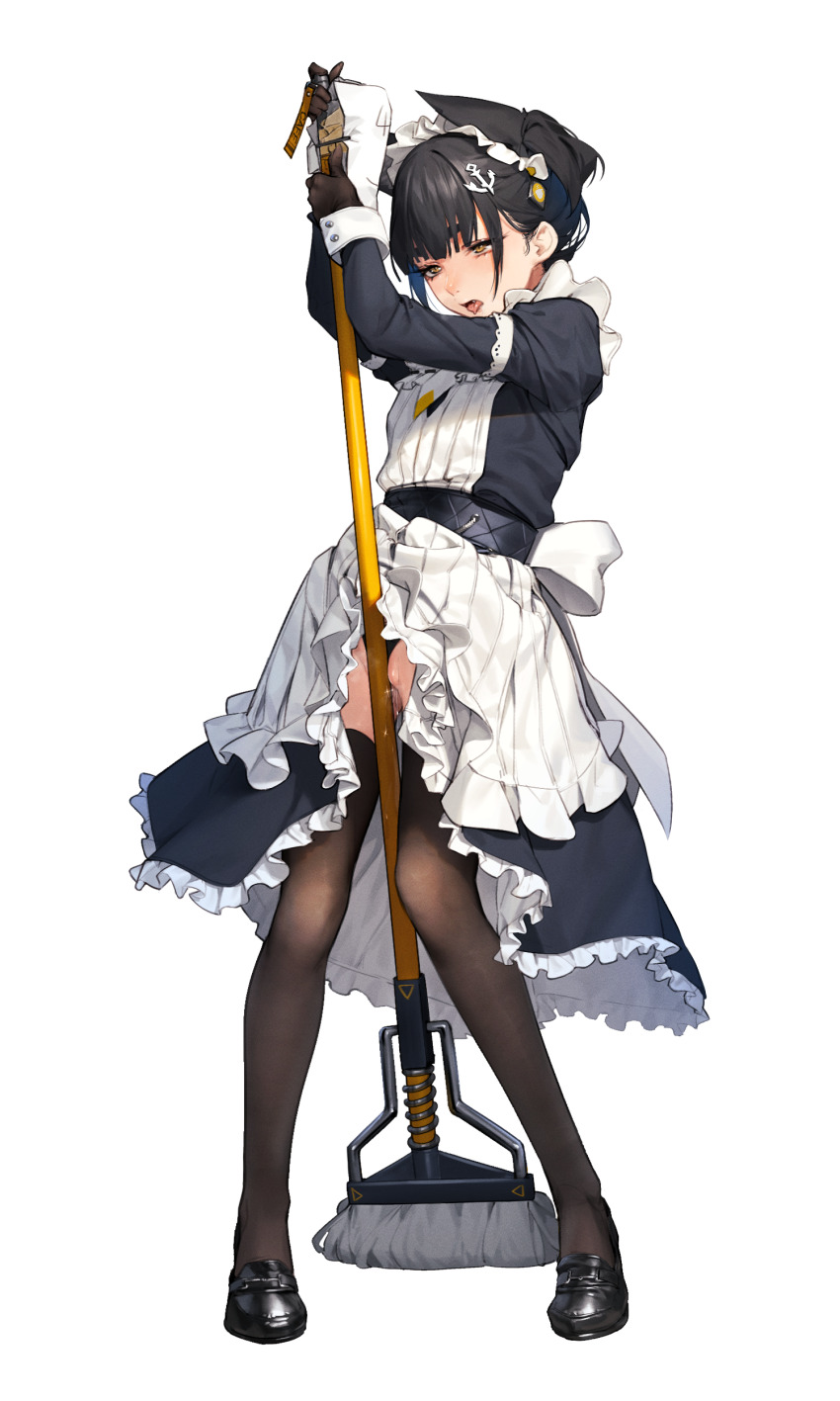 1girl absurdres anchor_hair_ornament animal_ears apron beeeeen black_dress black_footwear black_gloves black_hair black_panties black_thighhighs commentary_request crotch_rub dress extra_ears female_masturbation frilled_apron frills full_body gloves hair_ornament highres holding holding_mop last_origin long_sleeves maid maid_apron maid_headdress masturbation mop official_alternate_costume open_mouth panties pussy_juice short_hair solo standing thighhighs tongue tongue_out underwear vargr_(last_origin) white_apron white_background white_wrist_cuffs wolf_ears wrist_cuffs yellow_eyes